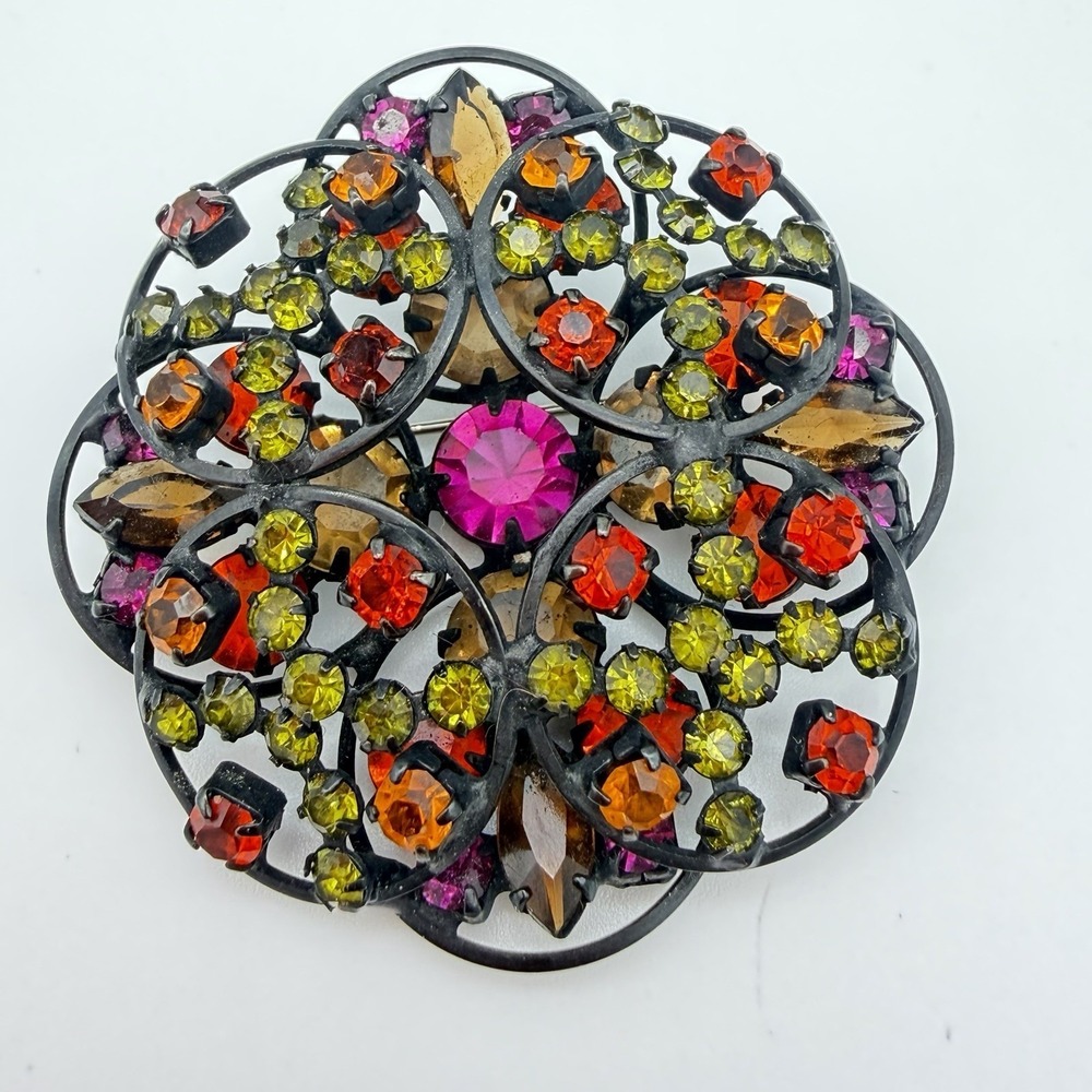 Vtg Unsigned Beauty Brooch Pin Fuchsia Rhinestone Japanned Layered Dome Open Bac